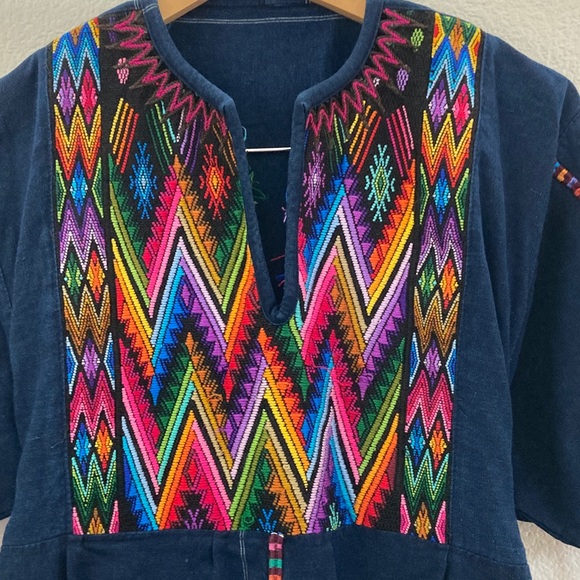 Embroidered Navy Dress South American design tie back boho 1060’s - Picture 2 of 9